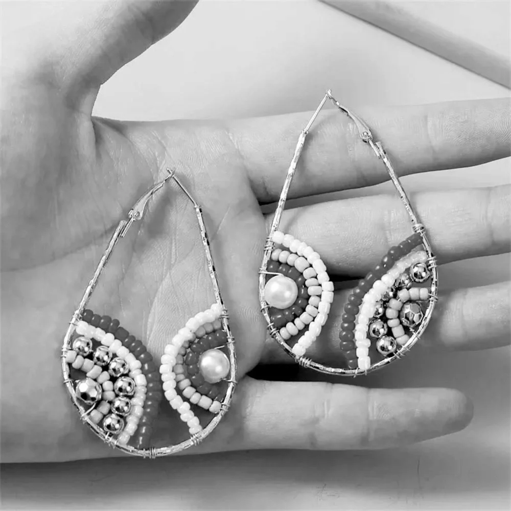 Anthropologie Gold Plated White Black Beaded Wire Wrap Teardrop Hoop Ear… - Picture 2 of 7